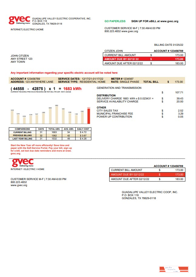 USA Texas GVEC utility bill template in Word and PDF format